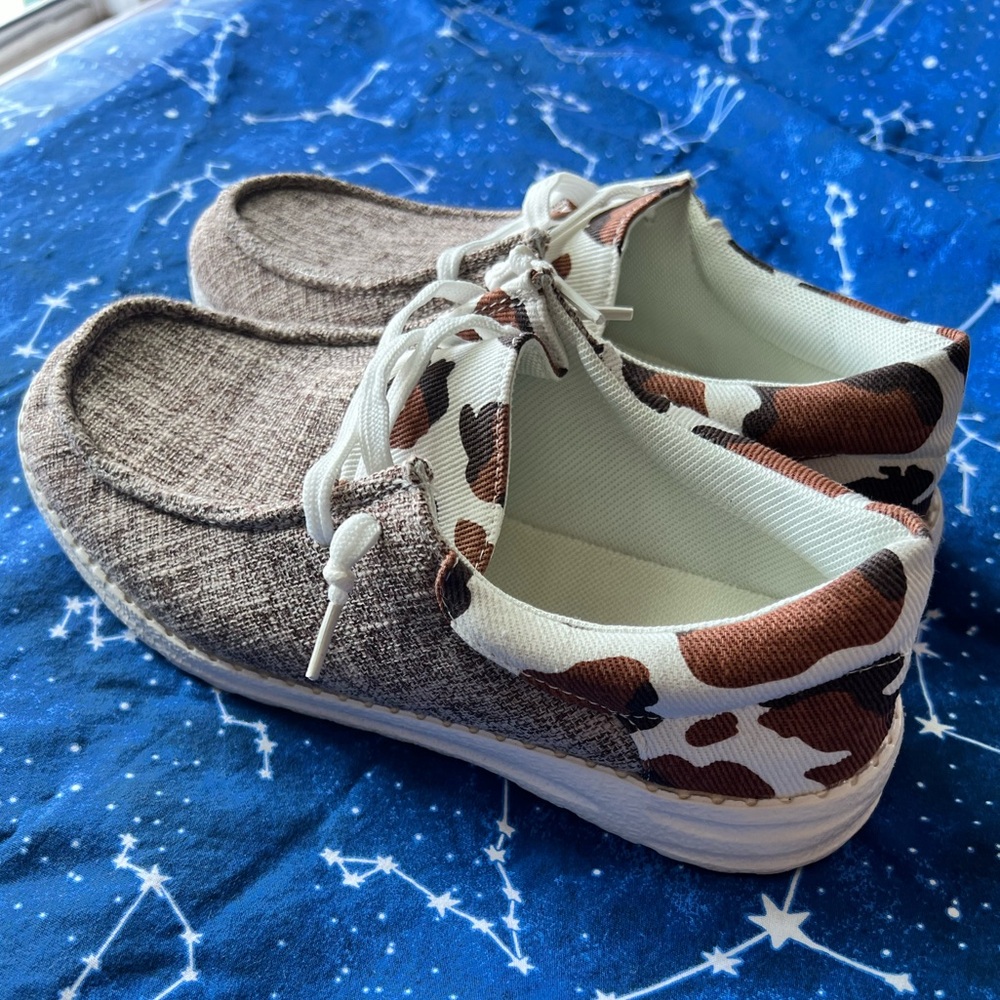 SHEIN Brown & White Cow Print Canvas Slip Ons